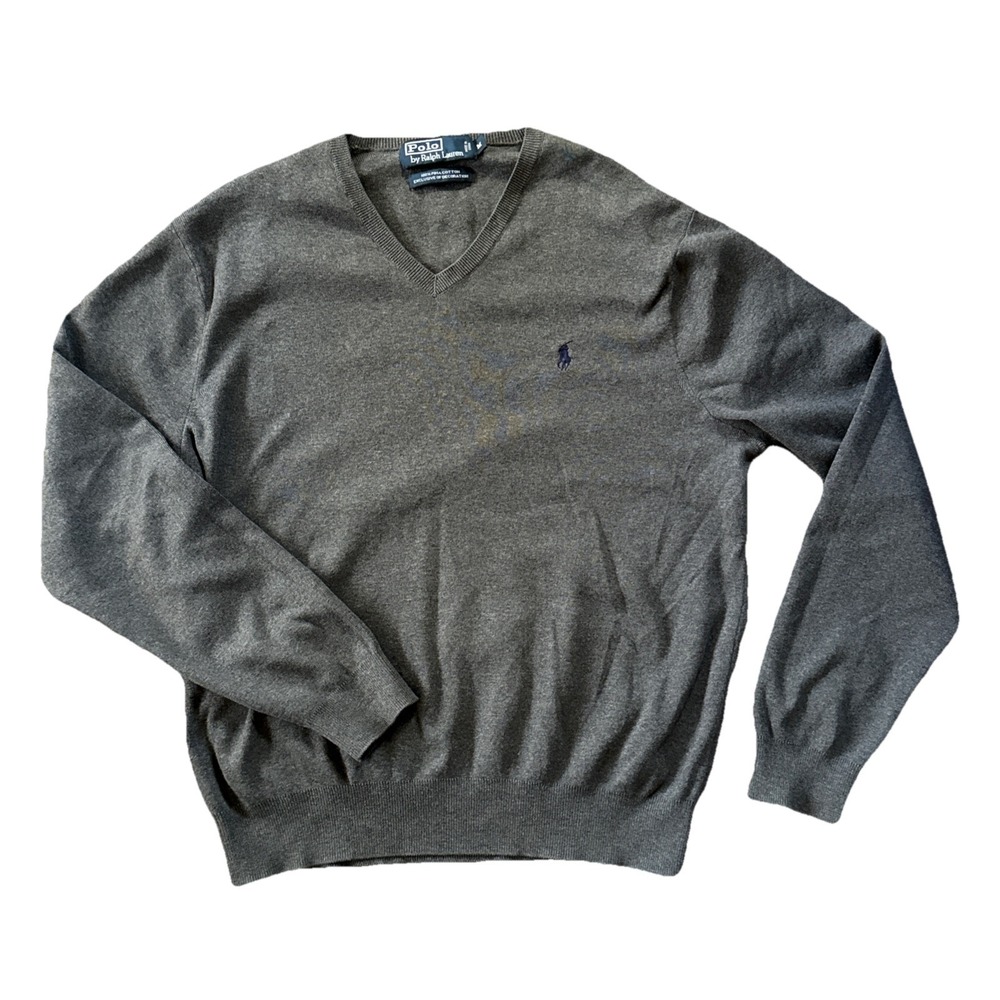 Polo Ralph Lauren Sweater Men Medium Gray Cotton V Neck Pony Logo